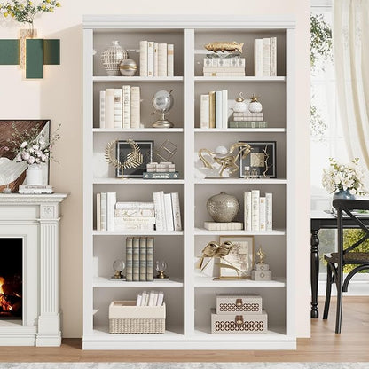 74.5" Tall Bookshelf with Double Storage, Extra Large Bookshelf, 6-Tier Double Wide Bookshelves w/ 12 Cubbies, Wide Freestanding Bookcases for Livingroom Office Library (White)
