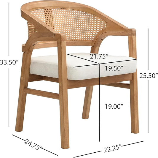 Christopher Knight Home Faritel Modern Wooden Dining Chairs Set of 2, Fabric Upholstered Kitchen Side Armchairs, Living Room Comfy Reading Chair with Curved Rattan Back, Natural Oak+Beige