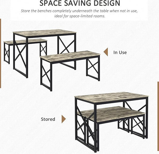 VECELO Kitchen Table with 2 Benches for 4, 43.3'' Wood Dining Room Dinette Sets with Metal Frame for Breakfast Nook and Small Space, Grey