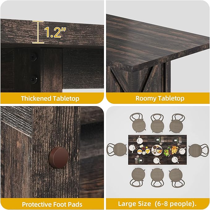 DWVO Farmhouse Large Dining Table for 6-8 People, 70.8 Inch Rectangular Wood Dining Table, Rustic Kitchen Dinner Table with X Solid Legs for Dining Room Grey