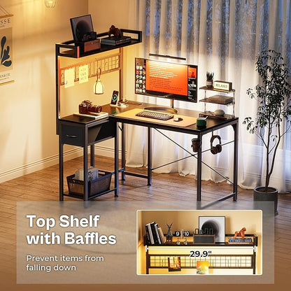 PRAISUN L Shaped Gaming Desk with Shelves, Corner Computer Table with LED Lights, Power Outlets and USB-C Ports, 42 Inch Reversible Home Office Desk with Storage Drawer, for Work and Study, Black