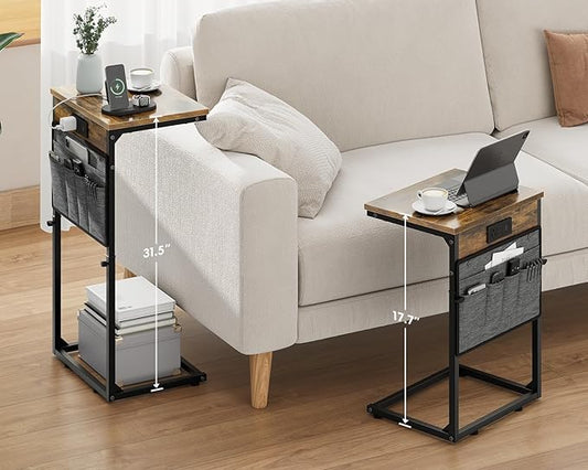 Vagusicc C-Shaped End Table Set of 2 with Charging Station, Small Side Table for Couch, Adjustable Height Couch Side Table, Slide Under Sofa Table TV Tray Tables for Living Room,Bedroom,Bedside, Brown