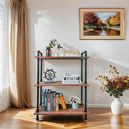 Industrial Bookshelf, 3 Tier Pipe Shelving, Industrial Pipe Shelf - Weathered Brown, 29.5" L x 11.8" W x 39" H