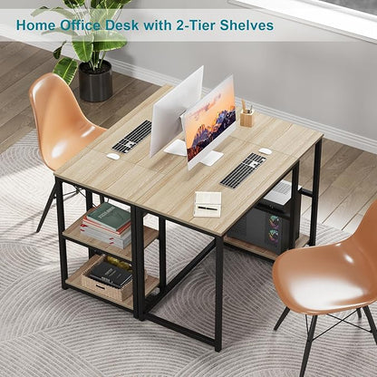 SINPAID Computer Desk 47 inches with 2-Tier Shelves Sturdy Home Office Desks with Large Storage Space Modern Gaming Desk Study Writing Laptop Table, Oak