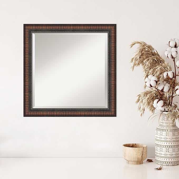 Amanti Art Brown Wall Mirror 24x24 Caleb Brown Square Bathroom Mirror for Wall Decor Living Room, Medium Rustic Farmhouse Frame, Hangs Horizonally and Vertically, Bathroom Decor, Beveled Edge from WI