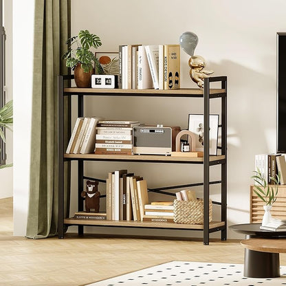 Book Shelf, 3 Tier Bookshelf 31.49" Width, Book Shelf Storage and Organization, Wooden and Metal Industrial Bookcase, Large Book Shelves for Home Living Room Bedroom Office Storage(Light Coffee)
