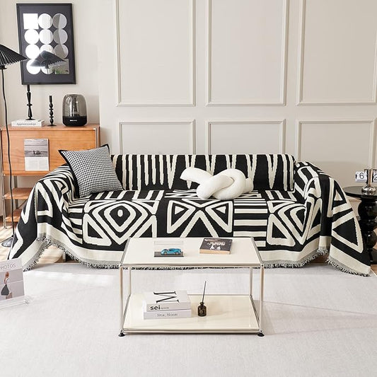 STACYPIK Boho Triangle Couch Cover for Dogs Non-Slip Sofa Cover for 3 Cushion Couch Sofa Beige Black Sectional Couch Cover Pet Furniture Protector Covers Reversible Anti Slip Loveseat Cover-91X134IN