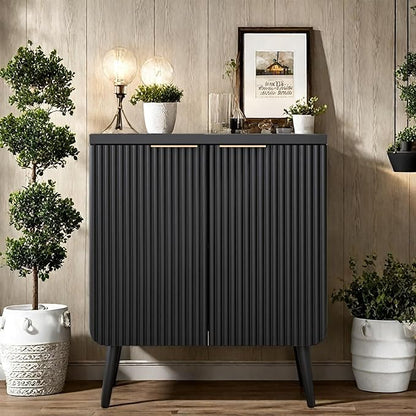 Buffet Cabinet, Sideboard Fluted Cabinet Modern Kitchen Buffet Storage Cabinets with Doors and Shelves, Wood Farmhouse Coffee Bar Station for Entryway & Dining Room & Living Room, Black