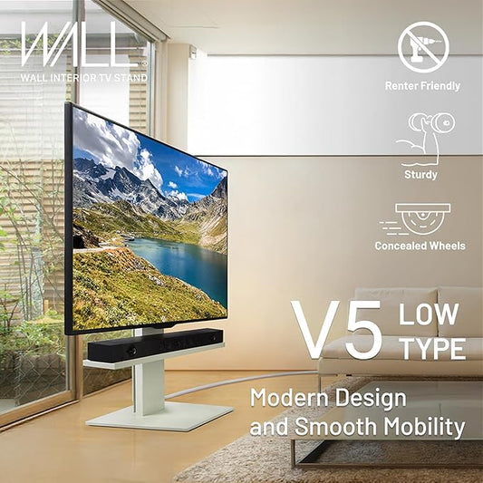 WALL V5 Low Type | Minimalist Rolling TV Stand for 32–80 Inch | Satin White | Portable, Space Saving, Height Adjustable, No Drill | for Living Room and Bedroom | Japan-Engineered Design