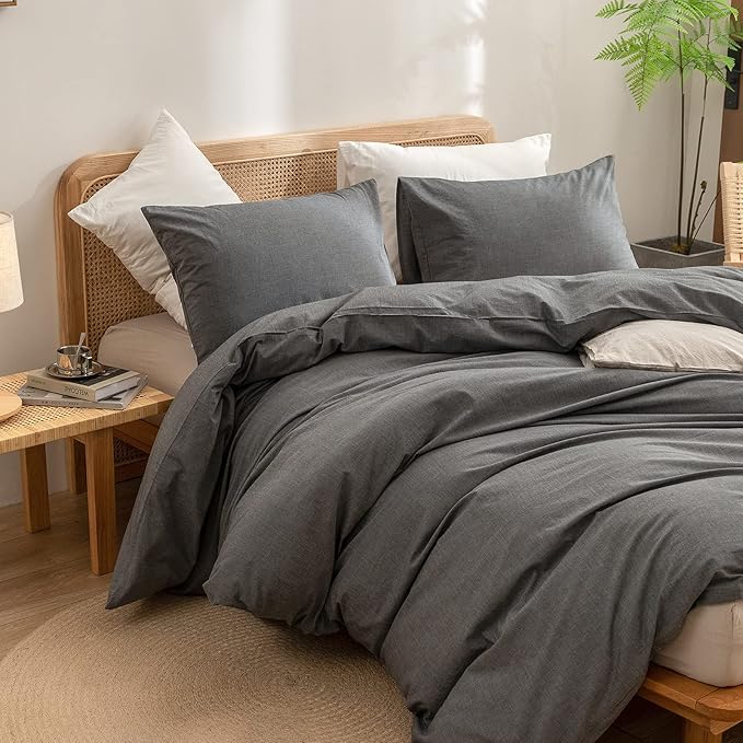 BESTOUCH Duvet Cover Set 100% Washed Cotton Linen Feel Super Soft Comfortable Chic Lightweight 3 PCs Home Bedding Set Solid Dark Grey Oversized King