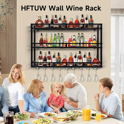 Metal Wine Rack Wall Mounted, Bar Shelves for Liquor Bottles with LED Light, 3 Tier Large Capacity Liquor Rack Wall Mounted with Glass Holder for Home Bar & Dining Room （Gold, 79in/200cm）