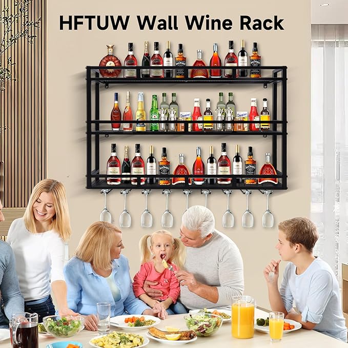 Metal Wine Rack Wall Mounted, Bar Shelves for Liquor Bottles with LED Light, 3 Tier Large Capacity Liquor Rack Wall Mounted with Glass Holder for Home Bar & Dining Room （Gold, 39in/100cm）