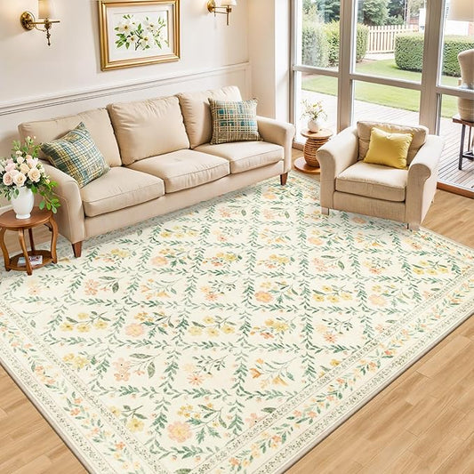 Area Rug Living Room Rugs: Floral 5x7 Washable Rug Vintage Soft Boho Non-Slip Carpet Indoor Stain Resistant Large Carpets for Bedroom Dining Room Farmhouse Nursery Hallway Home Office Beige/Multi