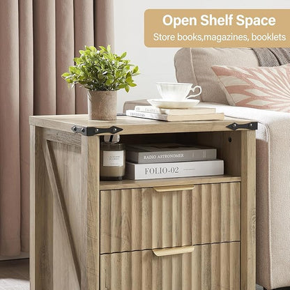 Fluted Nightstand with Charging Station - 20 Inch Wide Farmhouse Bedside Table with 2 Drawers, Modern Wood End Side Table for Bedroom Study Storage Home (Sunwashed Ash Oak)