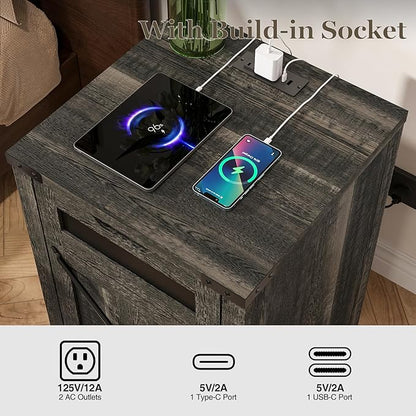 Farmhouse End Table with Charging Station, 26.4" Tall Rustic Nightstand with Drawer and X Barn Door, Country Bedside Sofa Side Table for Living Room, Dark Brown