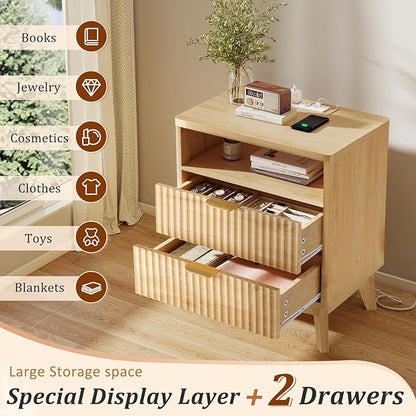 LYNCOHOME Fluted Nightstand Set of 2 with Charging Station, 19.7 inch Wide with 2 Drawers, Modern Wood Bedside Table for Bedroom, Natural