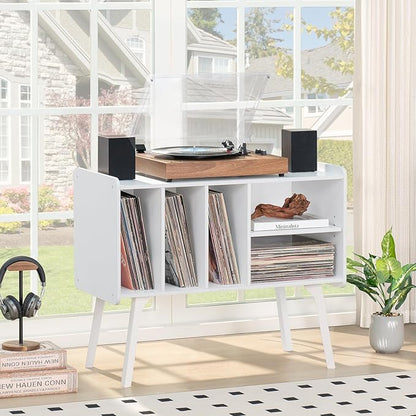 Lerliuo Record Player Stand with 4 Cabinet Holds Up to 220 Albums, Large Turntable Stand with Beech Wood Legs, Mid-Century Record Player Table,White Vinyl Holder Storage Shelf for Bedroom Living Room