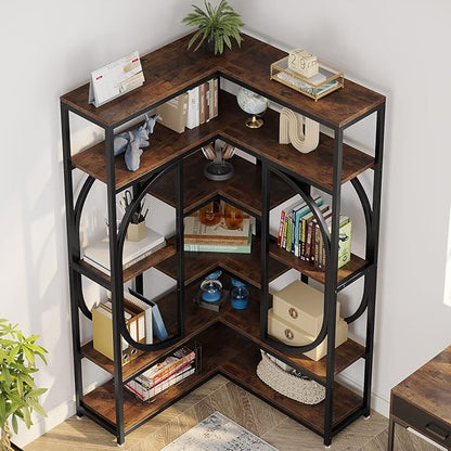 LITTLE TREE Large Corner Bookshelf Industrial Bookcase for Living Room Home Office,Brown