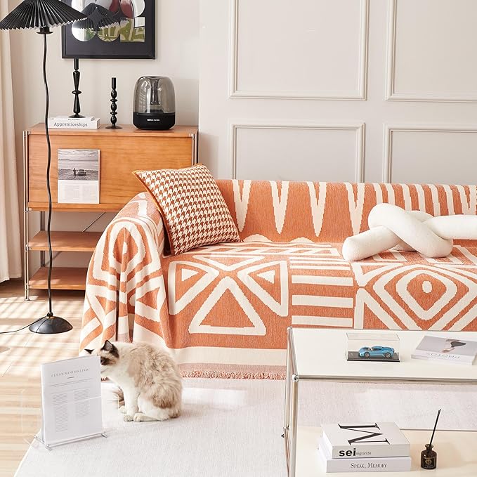 HANDONTIME Orange Sofa Covers for Loveseat & Couch - Soft Chenille, 3 Cushion, Boho Style, Pet-Friendly, Thick & Washable, 91" X150