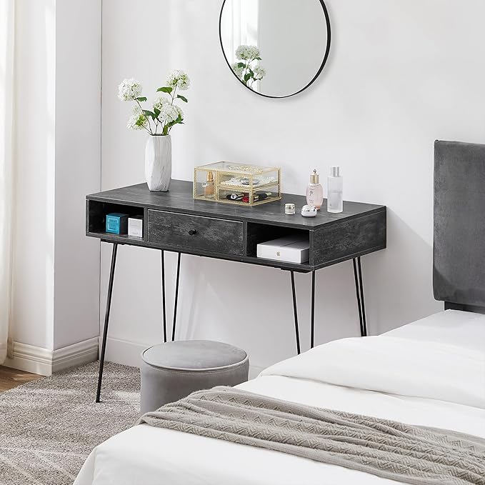 VECELO 39.3" Home Office Work Table with Drawers,Computer Desk with Hairpin Leg for Writing/Study,Charcoal Grey