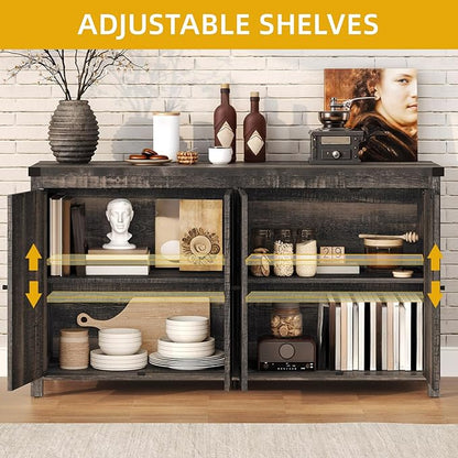 DWVO Buffet Cabinet with Storage, 55" Sideboard Buffet Storage Cabinet with Shelves and Doors, Farmhouse Coffee Bar Cabinets Kitchen Table for Kitchen, Dining Room, Dark Oak