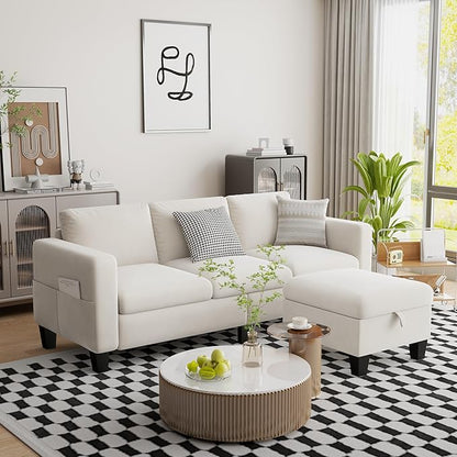 ZeeFu Convertible Sectional Sofa Couch, 3 Seat L-Shaped Sofa with Movable Ottoman, Modern Mocha Brown Velvet Linen Upholstered Small Sectional Sofa Couch for Small Space Apartment Living Room Office