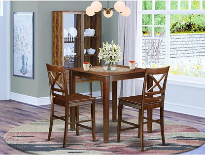 East West Furniture VNQU3-MAH-W 3 Piece Counter Height Pub Set for Small Spaces Contains a Square Dining Room Table and 2 Kitchen Chairs, 36x36 Inch, Mahogany