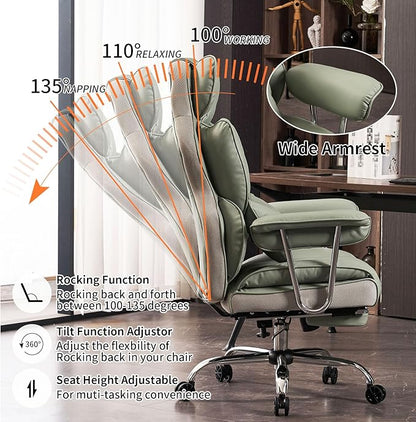 Efomao Big and Tall Office Chair 400lbs - Executive Office Chairs with Footrest, Heavy-Duty PU Leather Computer Chair for Heavy People, Light Green Home Office Desk Chairs