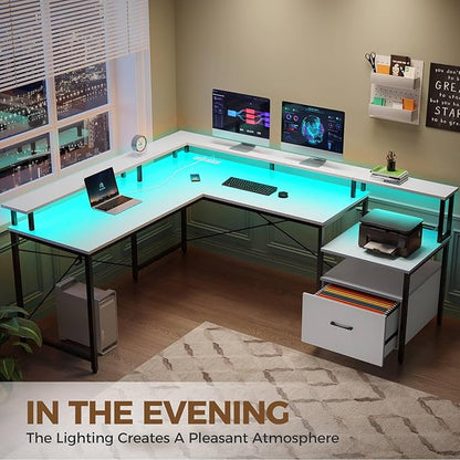 Rolanstar Computer Desk with File Drawer, 64" L Shaped Desk with Power Outlet & LED Strip, L Shaped Computer Corner Desk with File Cabinet, Gaming Desk with Monitor Shelf, Home Office Desk, White
