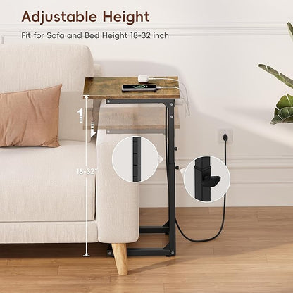 Vagusicc C Shaped End Table with Charging Station, 33" Tall Side Table for Couch, C Table Adjustable Height Small Couch Side Table, Slide Under Sofa Table TV Tray Table for Living Room, Bedroom, Brown