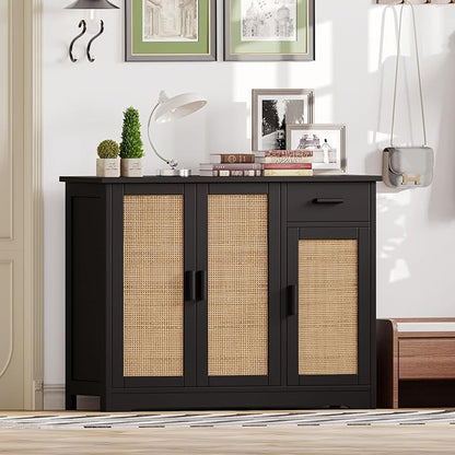 Irontar Kitchen Storage Cabinet, Sideboard Buffet Cabinet with Rattan Doors, Farmhouse Console Table with Drawer, Coffee Bar, Accent Table for Kitchen, Living Room, Hallway, Black and Natural CWG010BM