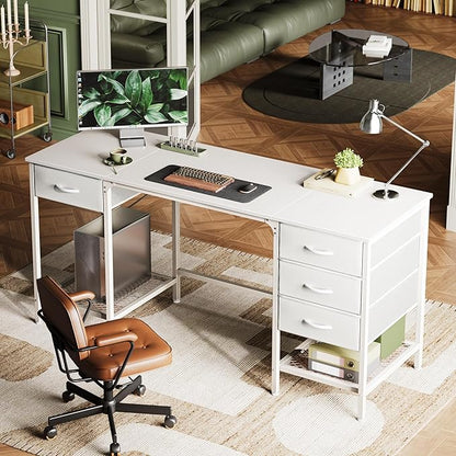 Huuger 63 Inch White Desk with 4 Drawers, Vanity Desk with Mesh Shelf, Large Storage, Computer Desk Office Desk for Home Office, Bedroom, Work from Home
