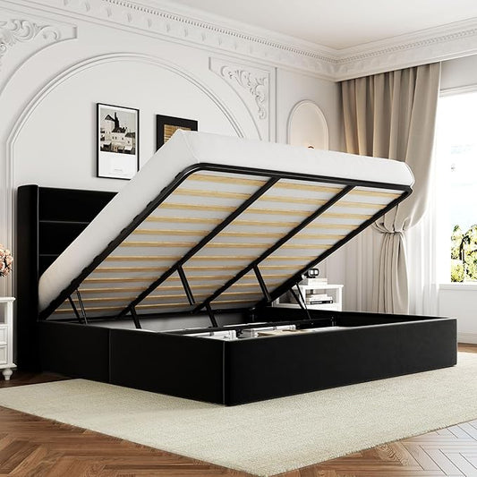 Allewie King Size Velvet Lift Up Storage Bed, Modern Wingback Headboard, Hydraulic Support, No Box Spring Needed, Black