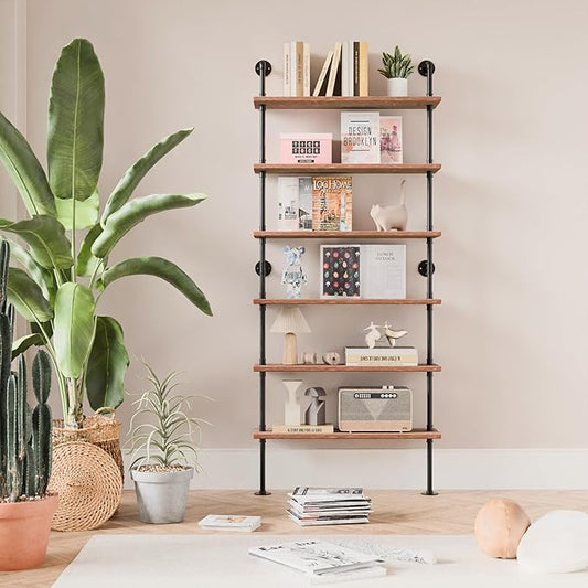 6 Tier Industrial Ladder Pipe Shelf Bookcase, Rustic Wall Mounted Pipe Bookshelves for Decor and Storage