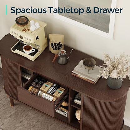 LINSY HOME Sideboard Buffet Cabinet with Storage, 55" Fluted Coffee Bar Cabinet with Tambour Sliding Doors and Drawer, Mid Century Modern Wood Storage Buffet Table for Kitchen, Vintage Walnut