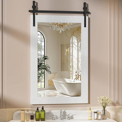 Hasipu Farmhouse Bathroom Mirror, 24"x36" Rustic Wood Framed Wall Mounted Mirror, White Vintage Vanity Mirror Barn Door Style Decrative Mirrors