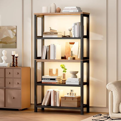 Vlsrka 5 Tier Wooden Bookshelf with Lights, 65" Tall Open Bookcase Storage Rack, Modern Bookshelf with Storage, Free Standing Display Book Shelves for Living Room, Home Office, Black