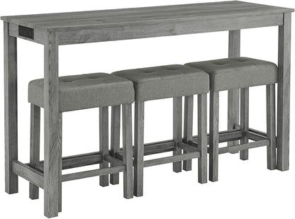 Ball & Cast 4 Piece Kitchen Dining Room Table and Chairs Set, Farmhouse Wooden Counter Height Bar-Sets w/USB Ports & Power Outlet & 3pcs Stools, 59" Sofa-Table Barstool w/Charging Station, Grey