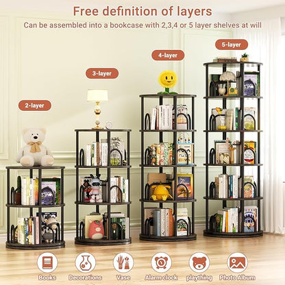 Aheaplus 5 Tier Rotating Bookshelf Tower, 360 Display Spinning Bookcase, Revolving Round Book Shelf Narrow Swivel Bookshelf, Vertical Turning Corner Book Organizer for Small Space, Black Oak