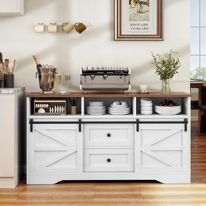 YITAHOME Buffet Cabinet with Drawers, 59" Large Sideboard Buffet Storage Cabinet with Shelves and Doors, Modern Farmhouse Coffee Bar Station Wood Kitchen Table for Kitchen, Dining Room, White