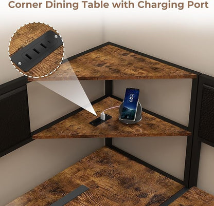 Corner Dining Table Set for 4-6, Breakfast Nook Table Set with Charging Port, Corner Kitchen Table with Storage & Bench, Farmhouse Corner Dining Table Set for Dining Room, Kitchen - Brown