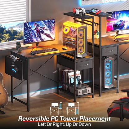 Bestier Gaming Desk with LED Lights, 44 Inch Reversible Computer Desk with Drawers & Storage Shelves for Small Spaces, PC Gamer Table with Storage Bag & Side Hook, Black