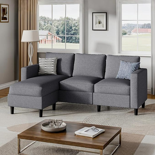 Small Sectional Sofa Couch, 3 Seat L Shaped Couches with Ottoman, Upholstered Fabric Convertible Sofa, Small Couch for Apartments, Living Room and Office (Dark Grey)