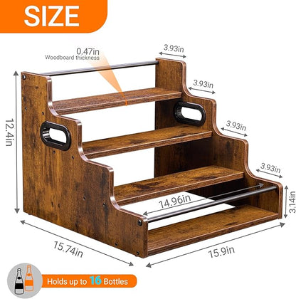 4-Tier Liquor Bottle Display Shelf, Holds up to 16 Bottles, Extra Large Rustic Bar Shelves for The Home Bar, Countertop Whiskey Organizer with Handles