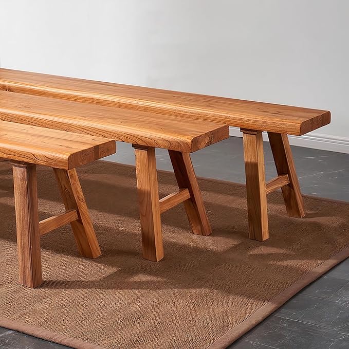 Farmhouse Wood Bench Indoor - 55.2Inch entryway Bench, Natural Solid Wood, Durable and Sturdy, Suitable for Dining Room, Bedroom, Porch and Other Narrow Spaces