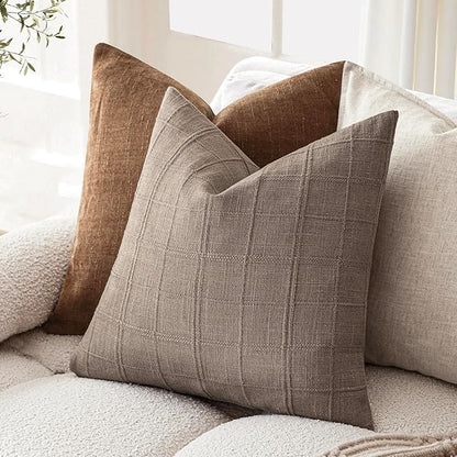 Foindtower Set of 2 Decorative Linen Check Throw Pillow Covers Neutral Farmhouse Vintage Cushion Covers Modern Boho Home Decor for Sofa Chair Couch Bedroom Living Room Outdoor,26×26 Inch,Tan Taupe