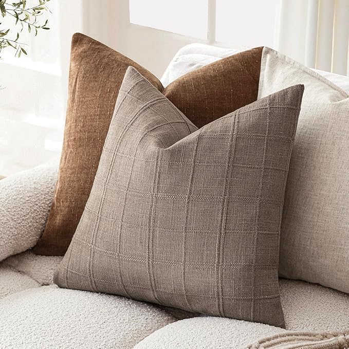Foindtower Set of 2 Decorative Linen Check Throw Pillow Covers Neutral Farmhouse Vintage Cushion Covers Modern Boho Home Decor for Sofa Chair Couch Bedroom Living Room Outdoor,22×22 Inch,Tan Taupe