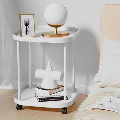 Side Table with Wheels, End Table Living Room Plastic Mobile Sofa Side Table Small Night Stand Bedroom Matte White