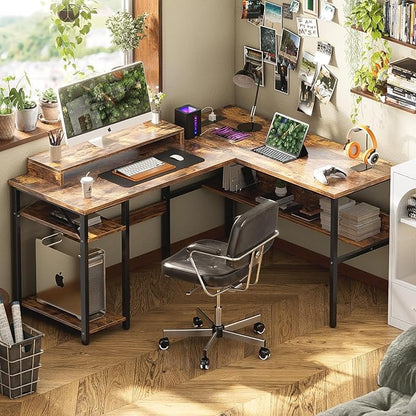 Unikito L Shaped Computer Desk with Magic Power Outlets and Smart LED Light, Sturdy Reversible Corner Desk with Monitor Stand & Storage Shelves, Home Office Work Desk, Easy to Assemble, Rustic