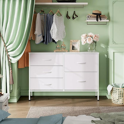WLIVE White Dresser for Bedroom with 5 Drawers, Fabric Dresser for Living Room, Wide Chest of Drawers for Bedroom, Closet, Hallway, White